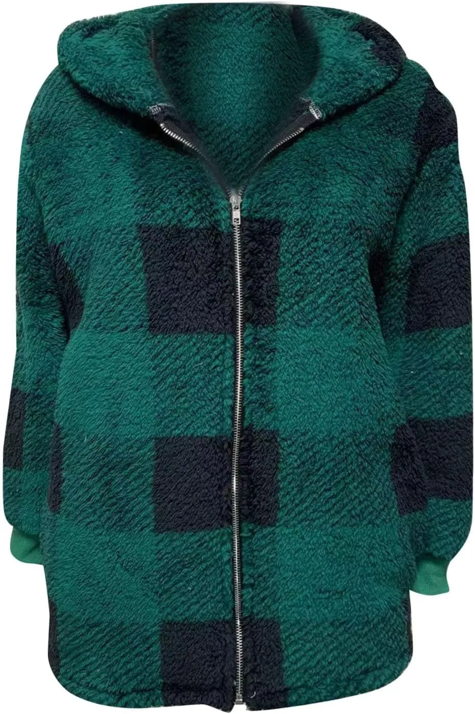 Women's Plaid Lined Hooded Jacket With Pocket Zip Up Oversized Fuzzy Coat Checkered Flannel Hoodie Thick Plush Outerwear