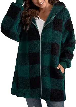 Women's Plaid Lined Hooded Jacket With Pocket Zip Up Oversized Fuzzy Coat Checkered Flannel Hoodie Thick Plush Outerwear