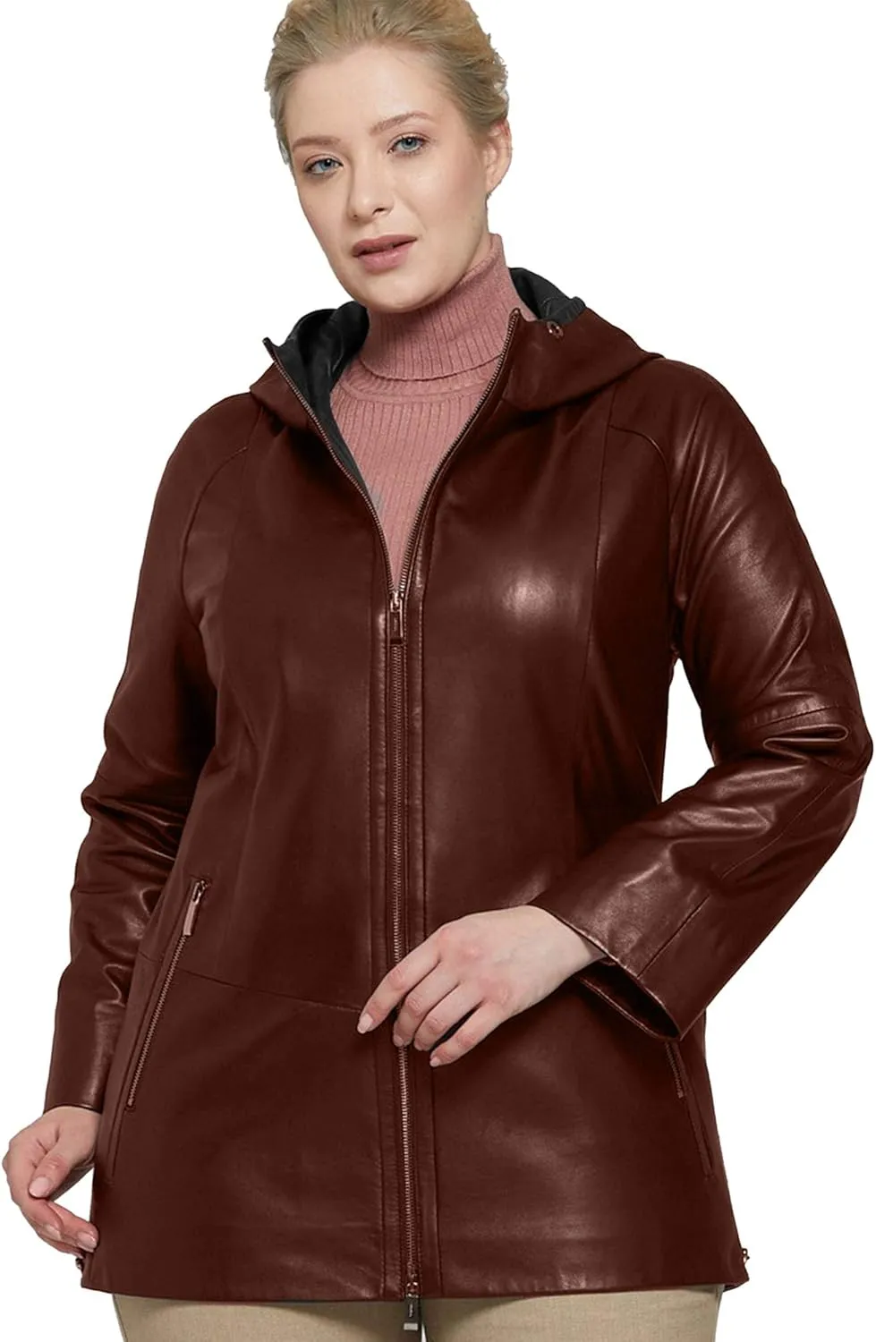 Womens Plus Size Soft Leather Jacket With Hoodie  Many Colors Real Sheepskin Hooded Leather Jacket