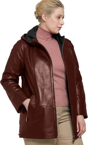 Womens Plus Size Soft Leather Jacket With Hoodie  Many Colors Real Sheepskin Hooded Leather Jacket