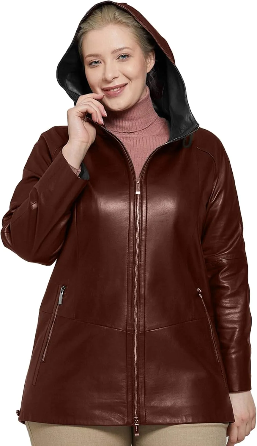 Womens Plus Size Soft Leather Jacket With Hoodie  Many Colors Real Sheepskin Hooded Leather Jacket