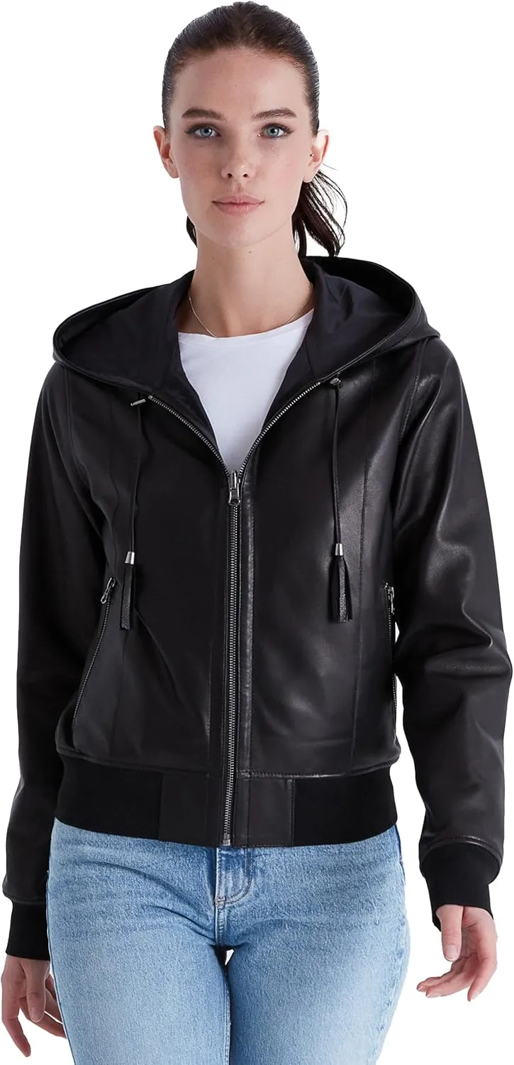 Women's Reversible Genuine Leather Bomber Jacket with Hood - Real Lambskin Leather Jacket with Hood for Women