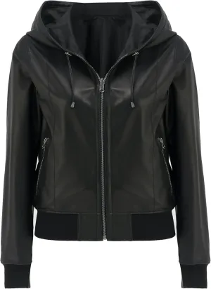 Women's Reversible Genuine Leather Bomber Jacket with Hood - Real Lambskin Leather Jacket with Hood for Women