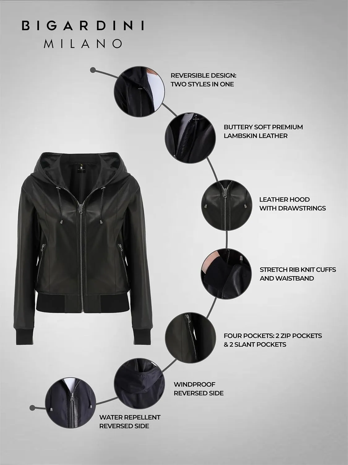 Women's Reversible Genuine Leather Bomber Jacket with Hood - Real Lambskin Leather Jacket with Hood for Women