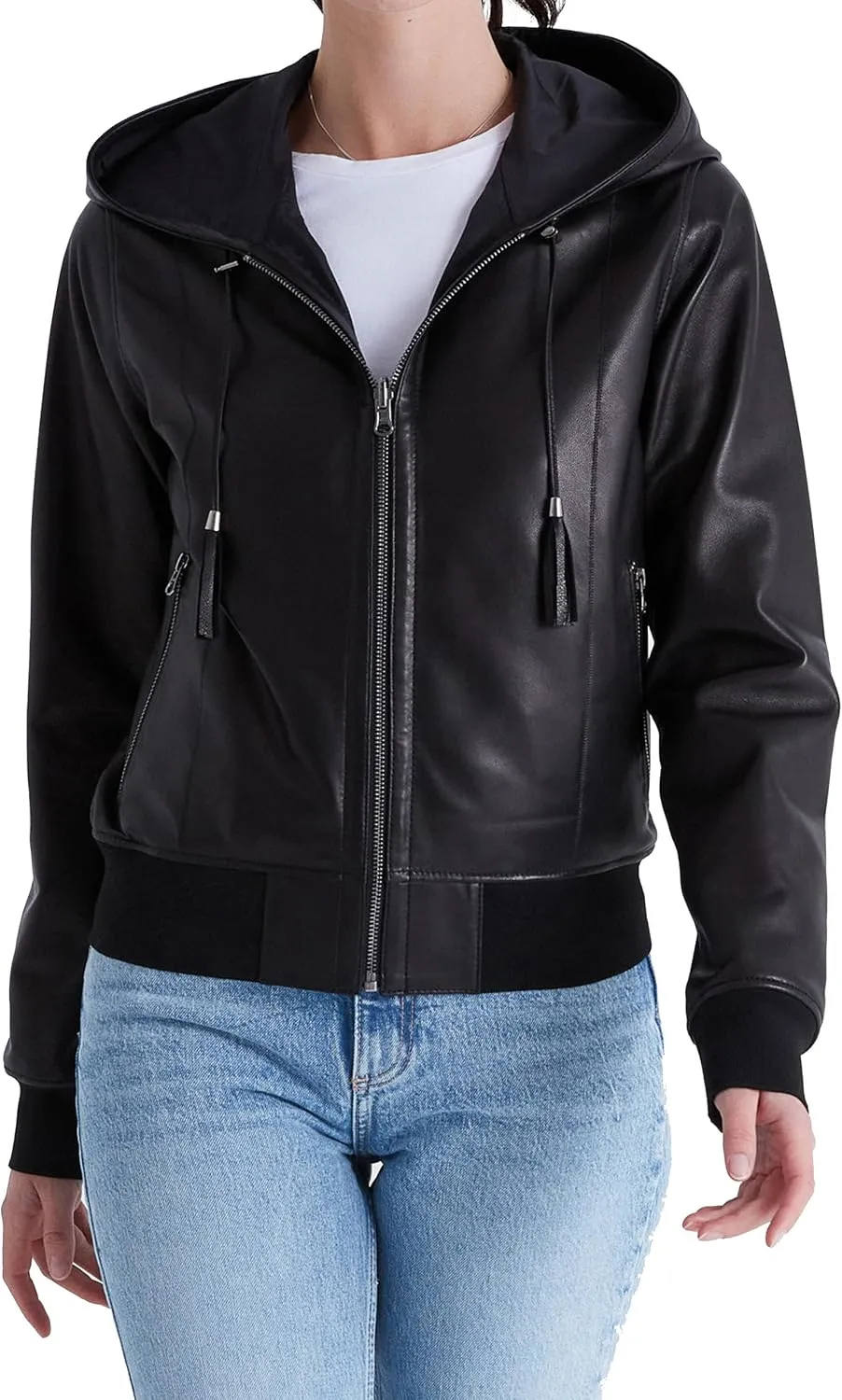 Women's Reversible Genuine Leather Bomber Jacket with Hood - Real Lambskin Leather Jacket with Hood for Women