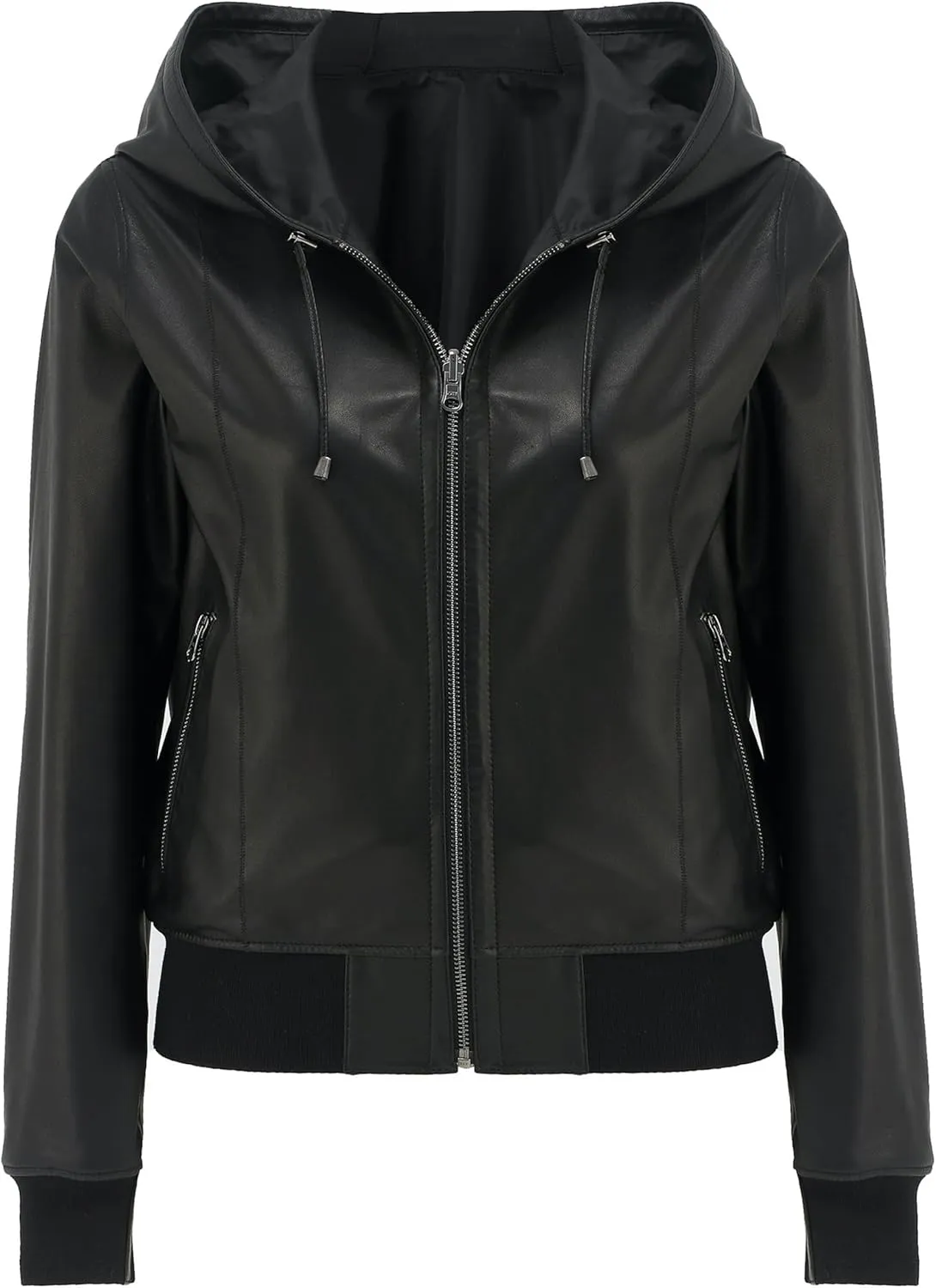 Women's Reversible Genuine Leather Bomber Jacket with Hood - Real Lambskin Leather Jacket with Hood for Women