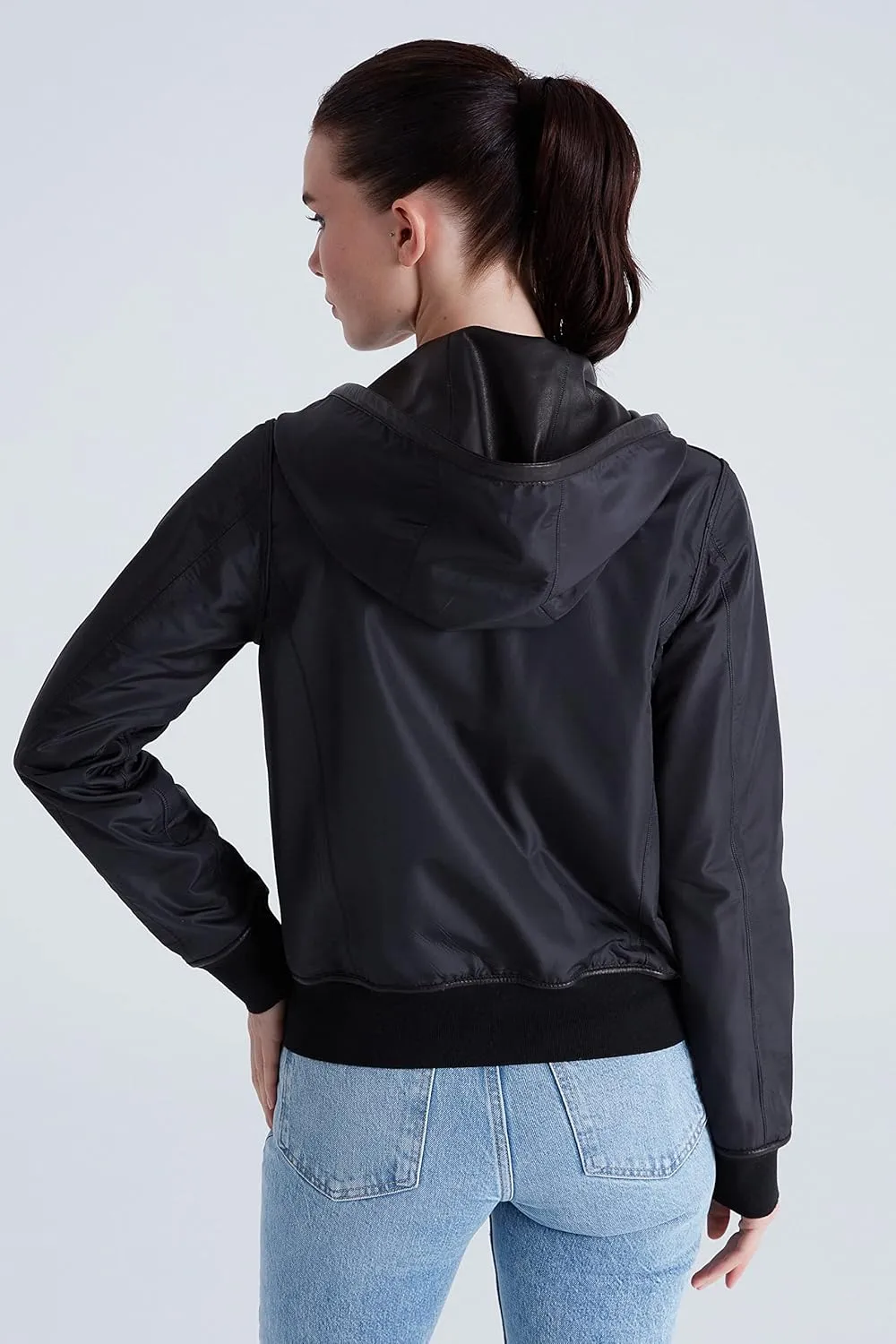 Women's Reversible Genuine Leather Bomber Jacket with Hood - Real Lambskin Leather Jacket with Hood for Women
