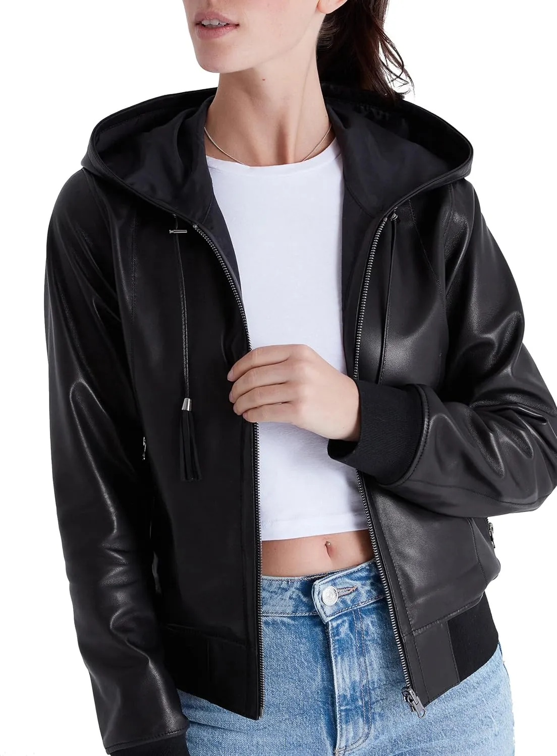 Women's Reversible Genuine Leather Bomber Jacket with Hood - Real Lambskin Leather Jacket with Hood for Women