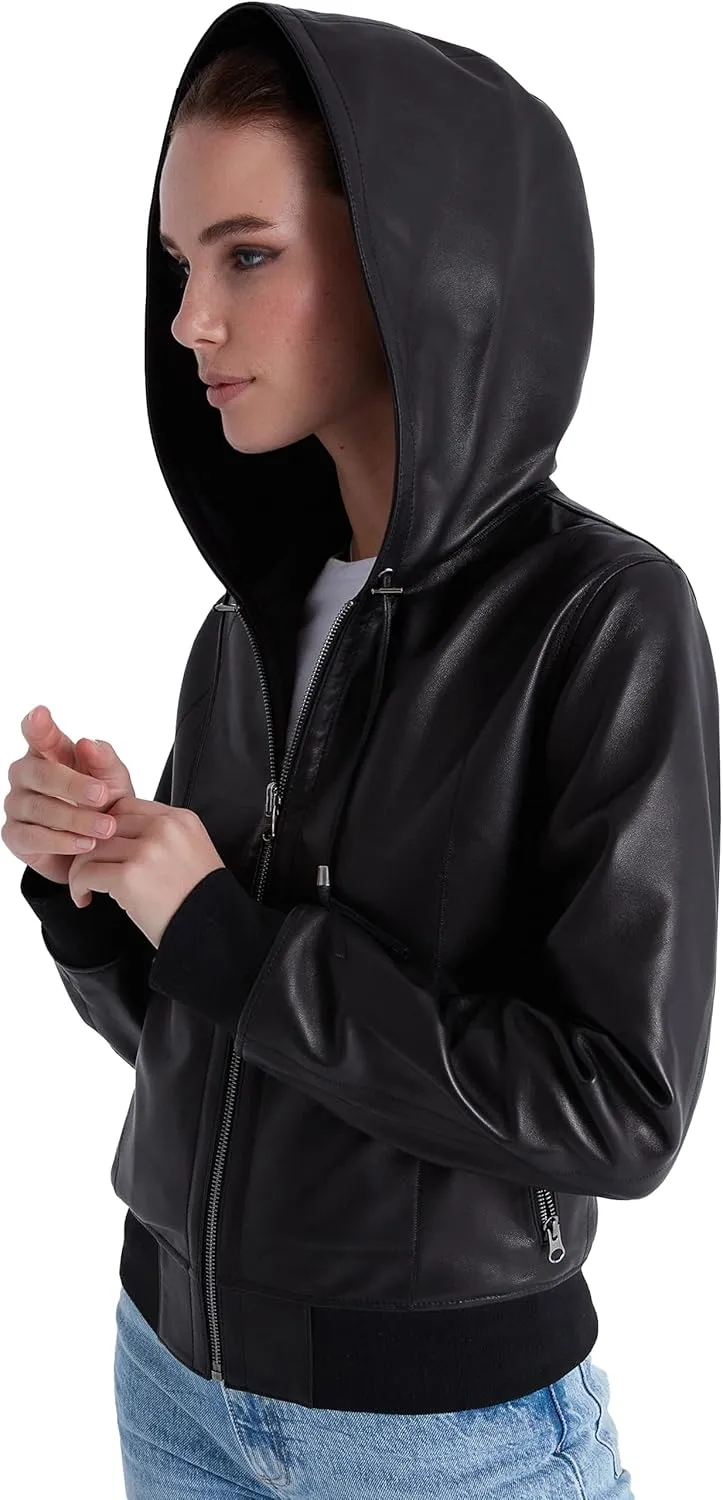 Women's Reversible Genuine Leather Bomber Jacket with Hood - Real Lambskin Leather Jacket with Hood for Women