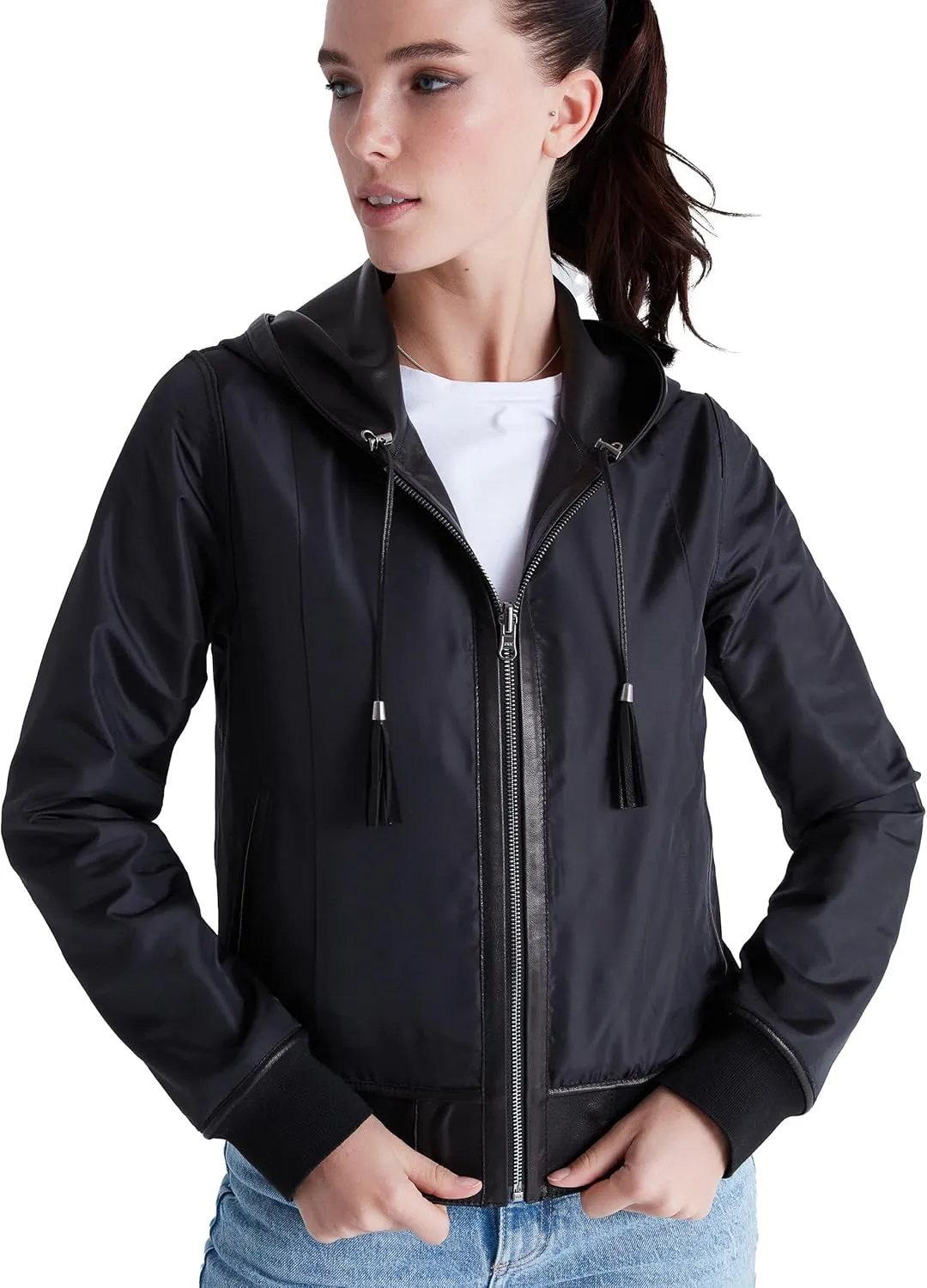 Women's Reversible Genuine Leather Bomber Jacket with Hood - Real Lambskin Leather Jacket with Hood for Women
