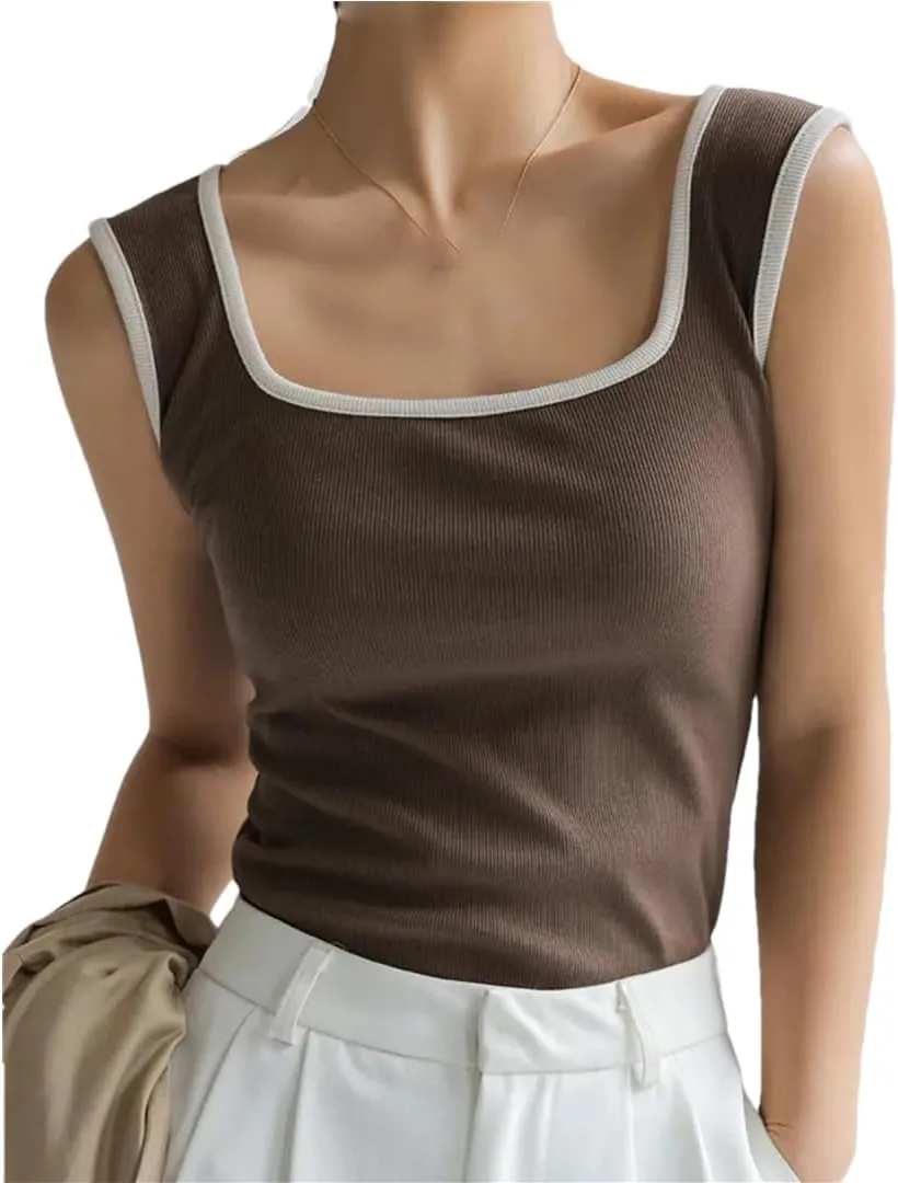 Women's Ribbed Patchwork Top Vest Slim Camisole Casual Beach Tank