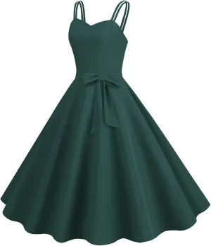 Women's Rockabilly Dresses 50's Vintage Spaghetti Strap Sleeveless Solid Prom Cocktail Swing Midi Dress