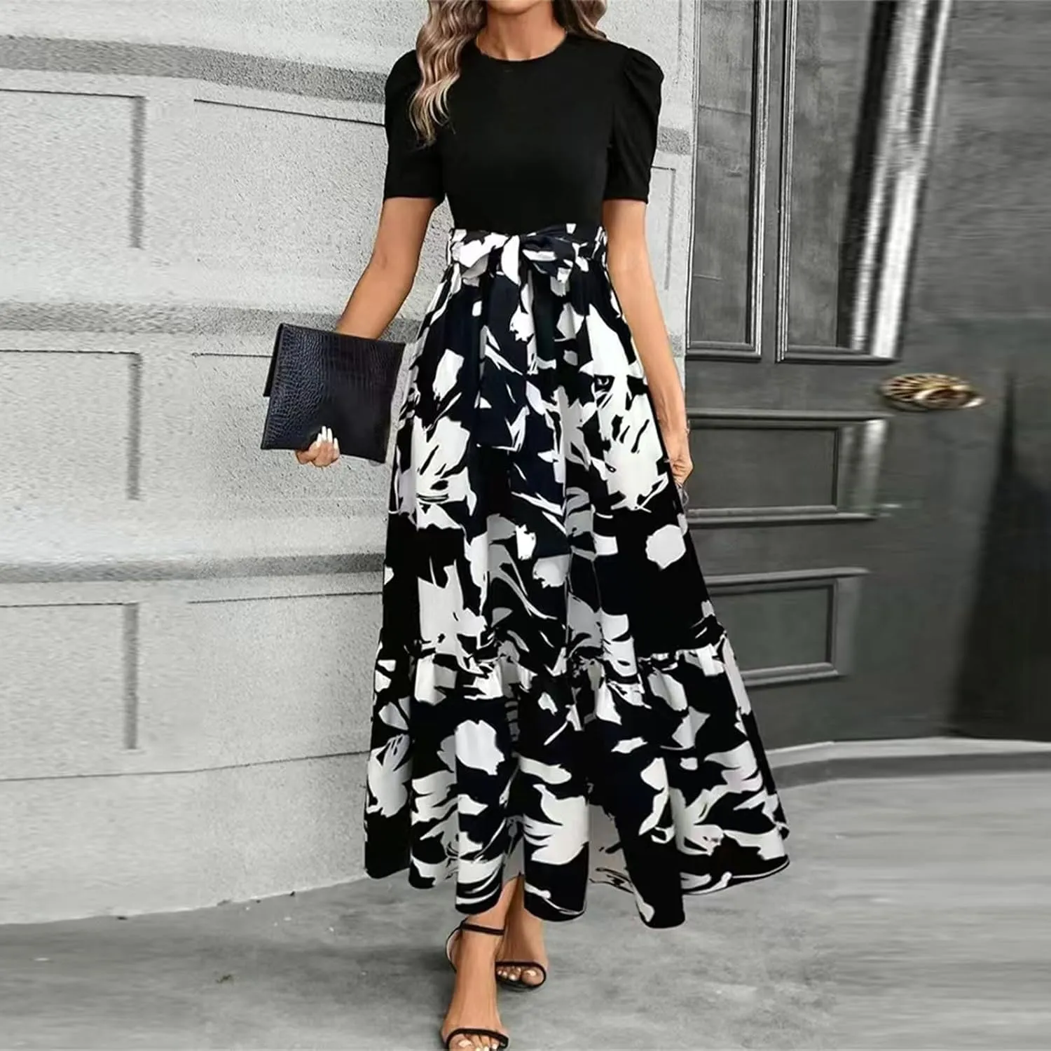 Womens Ruffle Short Sleeve 2025 Maxi Dress Summer Casual Dresses Long Flowy Floral Printed Dresses with Pockets