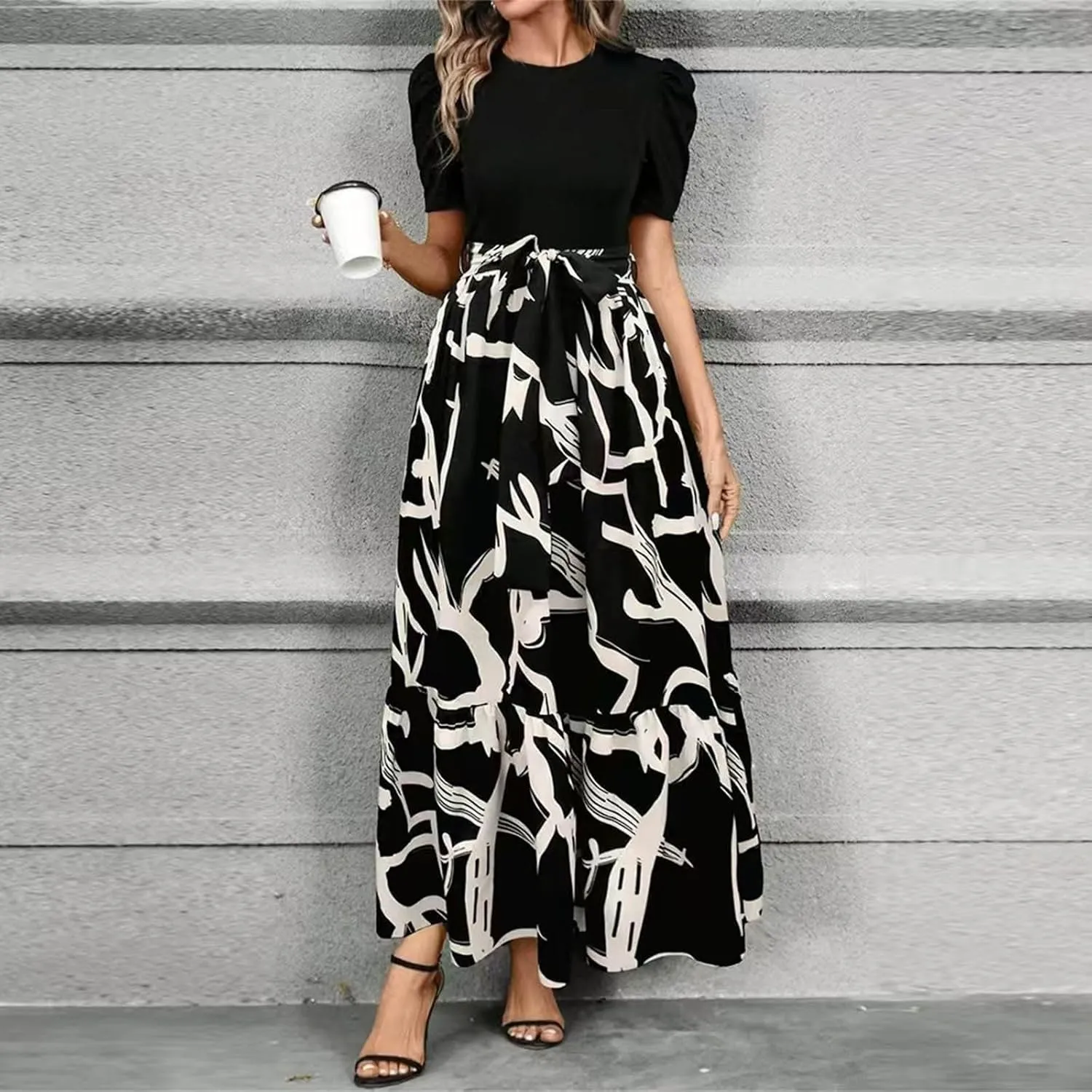 Womens Ruffle Short Sleeve 2025 Maxi Dress Summer Casual Dresses Long Flowy Floral Printed Dresses with Pockets