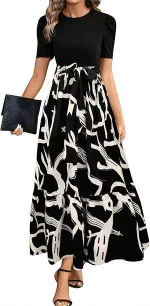 Womens Ruffle Short Sleeve 2025 Maxi Dress Summer Casual Dresses Long Flowy Floral Printed Dresses with Pockets