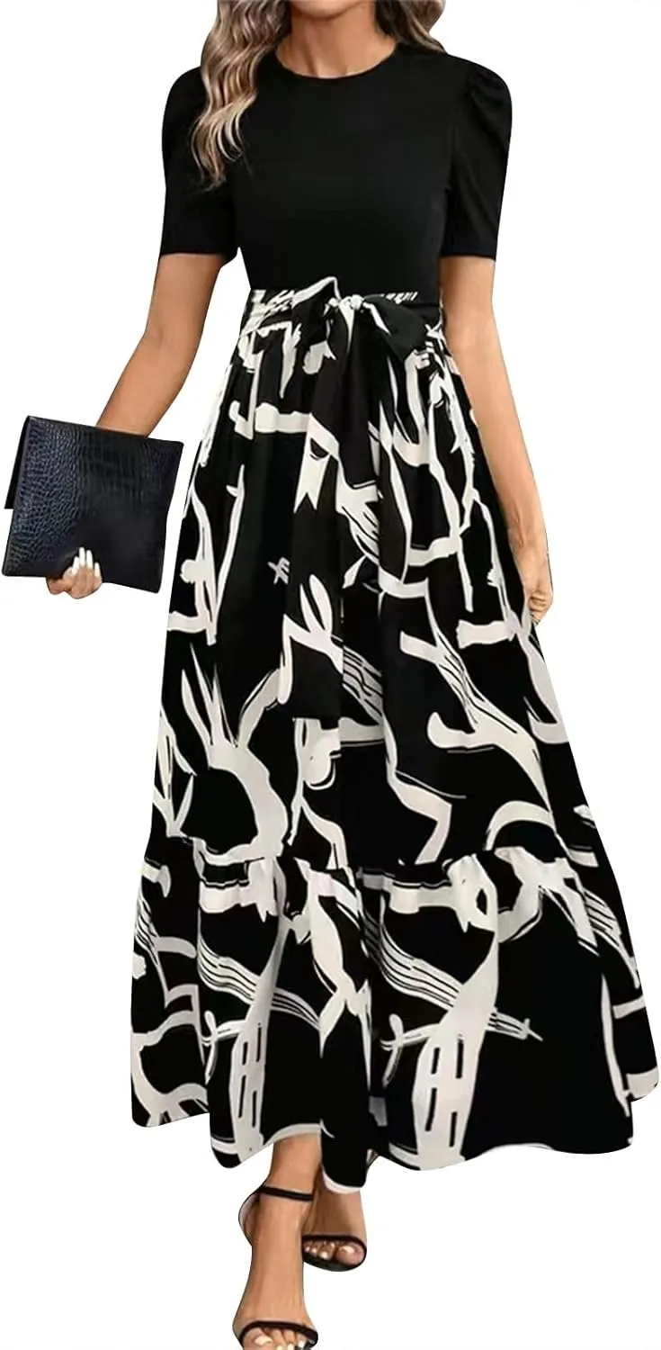 Womens Ruffle Short Sleeve 2025 Maxi Dress Summer Casual Dresses Long Flowy Floral Printed Dresses with Pockets