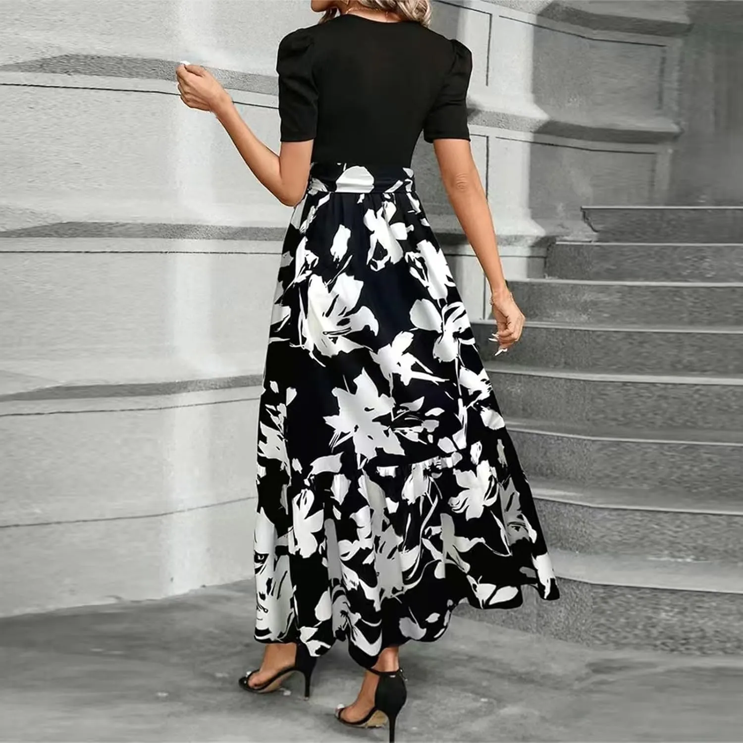 Womens Ruffle Short Sleeve 2025 Maxi Dress Summer Casual Dresses Long Flowy Floral Printed Dresses with Pockets