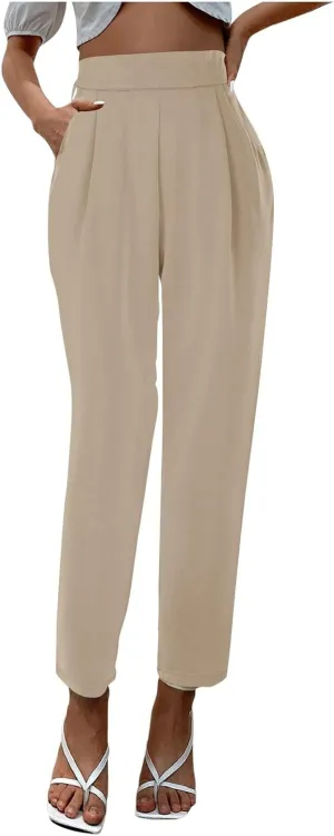 Women's Satin High Waist Pants Casual Pleated Loose Business Trousers Straight Leg Office Slacks Pants with Pockets