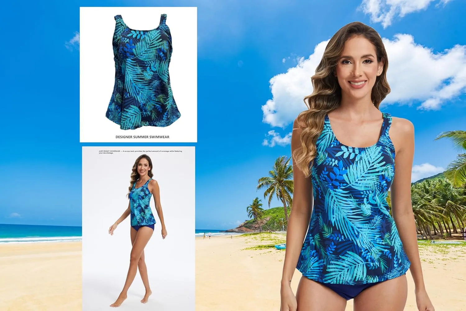 Women's Scoop Neck Tankini Mastectomy Swimsuit Top Pocketed Swimwear W25