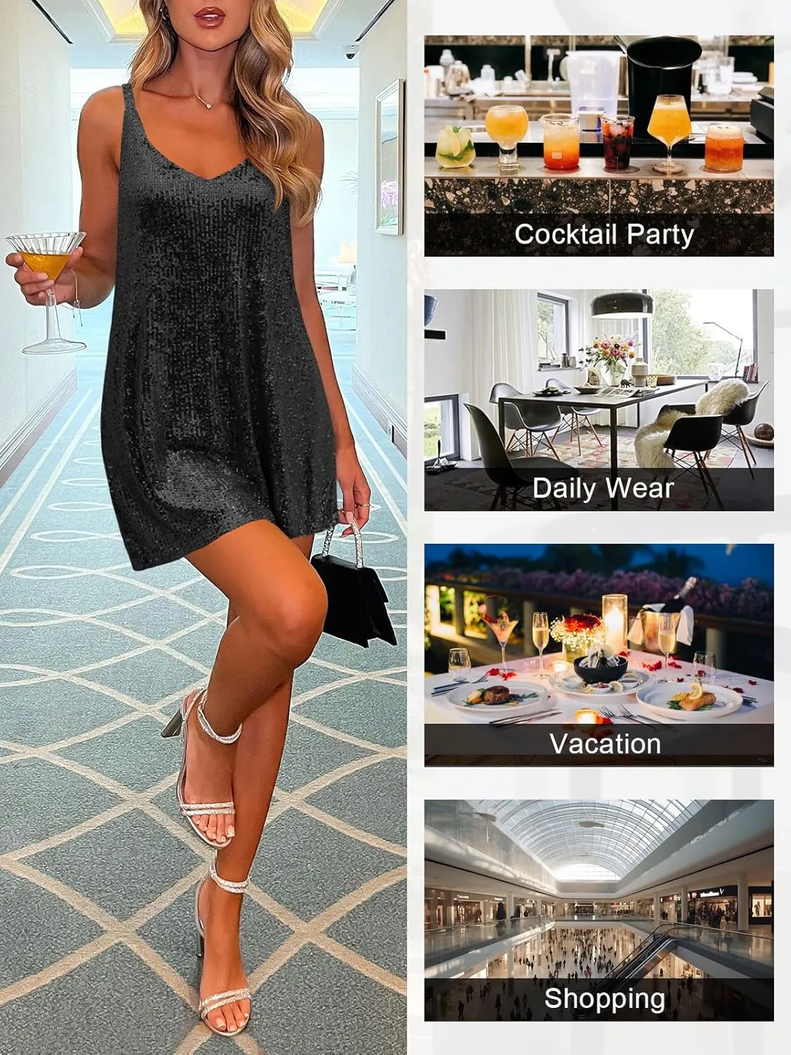 Women's Sequin Dress for Women Sparkly Glitter V Neck Shift Cocktail Disco Outfit Party Club Night Out Mini Dresses