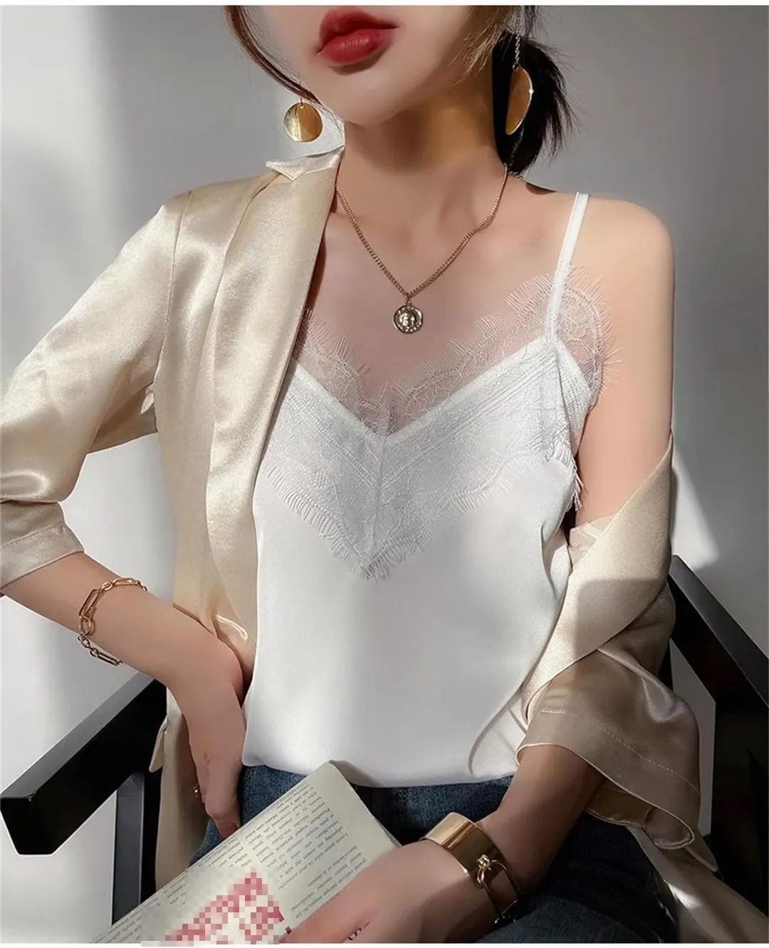 Women's Silk Camisole Lace Sling V-Neck Satin Vest Top