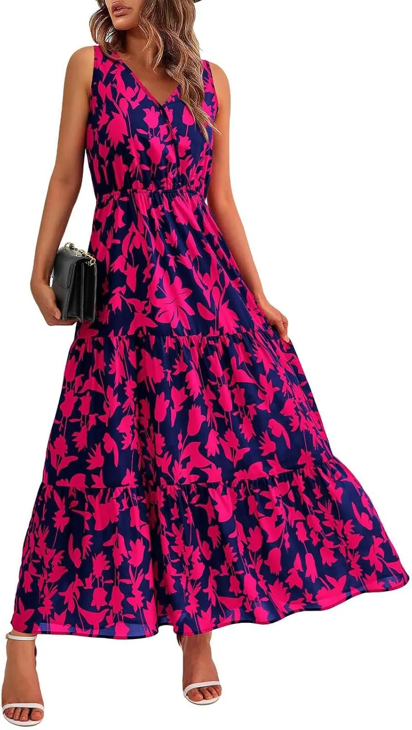 Womens Sleeveless Floral Maxi Dress Summer Casual V Neck Elastic Waist Sundress Boho Flowy Swing Elegant A Line Dress