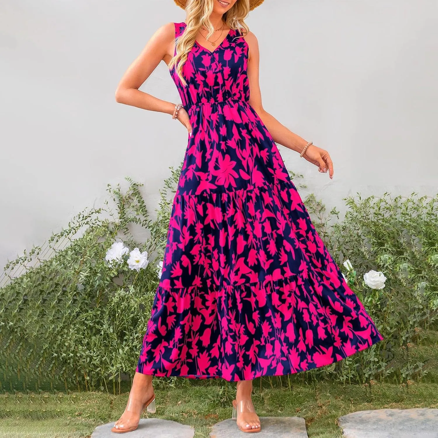 Womens Sleeveless Floral Maxi Dress Summer Casual V Neck Elastic Waist Sundress Boho Flowy Swing Elegant A Line Dress