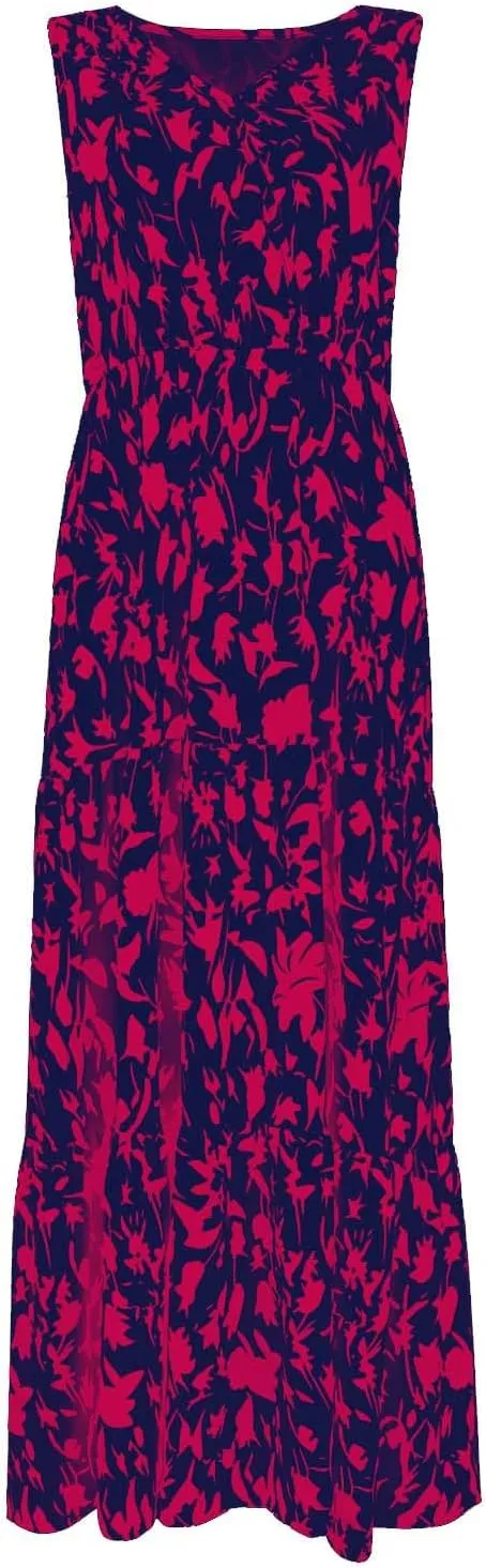 Womens Sleeveless Floral Maxi Dress Summer Casual V Neck Elastic Waist Sundress Boho Flowy Swing Elegant A Line Dress
