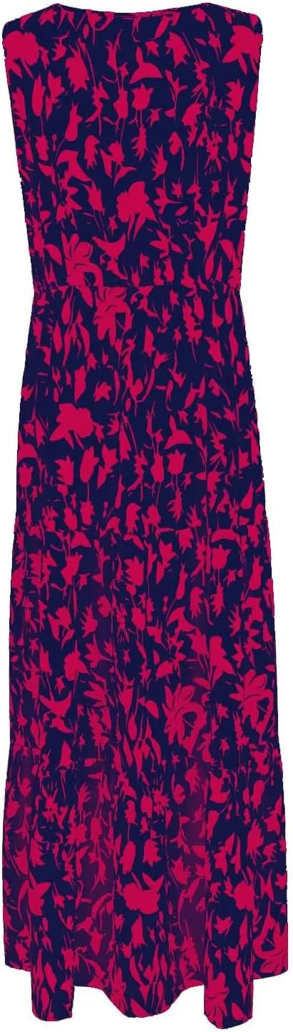 Womens Sleeveless Floral Maxi Dress Summer Casual V Neck Elastic Waist Sundress Boho Flowy Swing Elegant A Line Dress