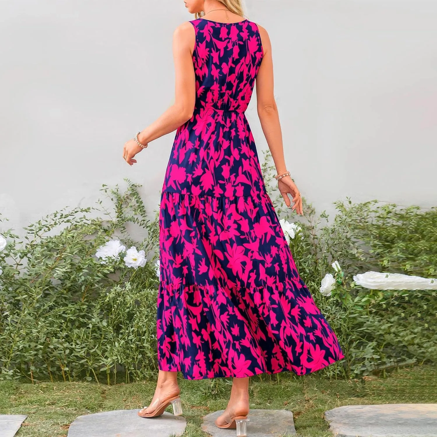 Womens Sleeveless Floral Maxi Dress Summer Casual V Neck Elastic Waist Sundress Boho Flowy Swing Elegant A Line Dress