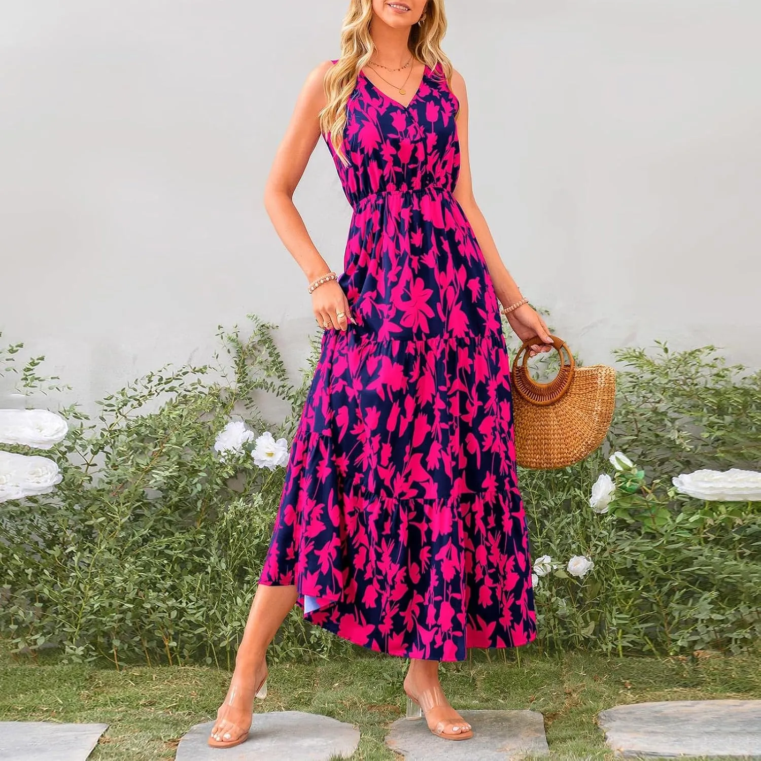 Womens Sleeveless Floral Maxi Dress Summer Casual V Neck Elastic Waist Sundress Boho Flowy Swing Elegant A Line Dress