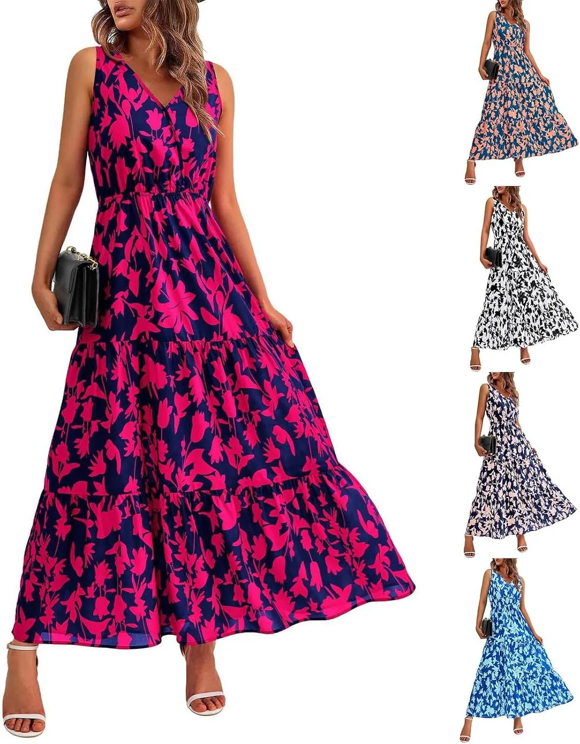 Womens Sleeveless Floral Maxi Dress Summer Casual V Neck Elastic Waist Sundress Boho Flowy Swing Elegant A Line Dress