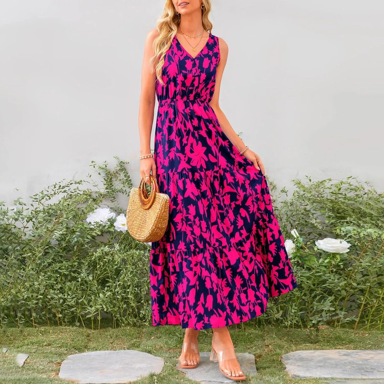 Womens Sleeveless Floral Maxi Dress Summer Casual V Neck Elastic Waist Sundress Boho Flowy Swing Elegant A Line Dress