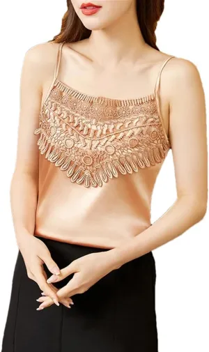 Women's Solid Color Casual Satin Hollow Tassel Stitching Camisole Top