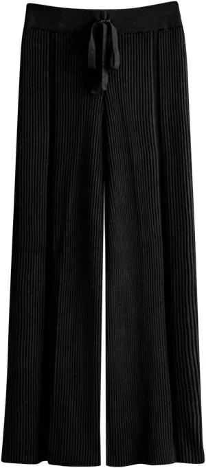 Women's Summer Autumn Trousers Solid Color Wide Leg Pants Ribbed Knitted Casual Pant High Waist Drape Loose Trouser