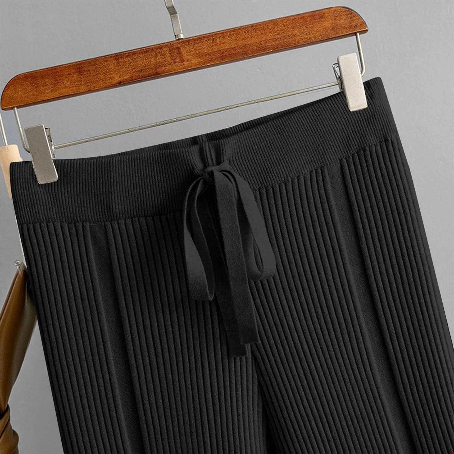 Women's Summer Autumn Trousers Solid Color Wide Leg Pants Ribbed Knitted Casual Pant High Waist Drape Loose Trouser