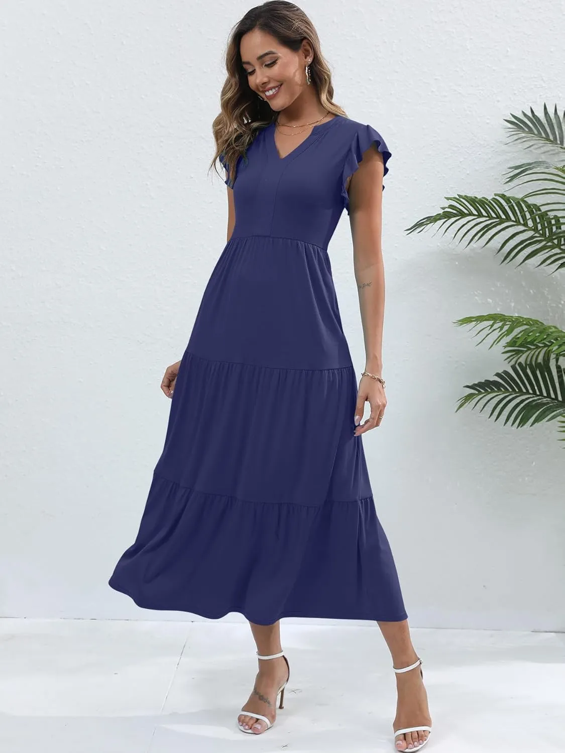 Womens Summer Casual Maxi Dress V Neck Ruffle Sleeve Sundress Fashion Flowy Tiered Boho Beach Vacation Long Dresses