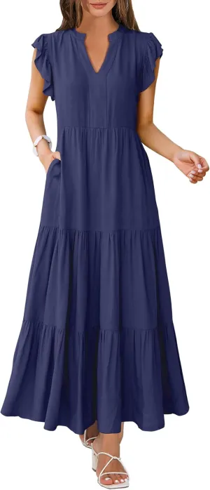 Womens Summer Casual Maxi Dress V Neck Ruffle Sleeve Sundress Fashion Flowy Tiered Boho Beach Vacation Long Dresses