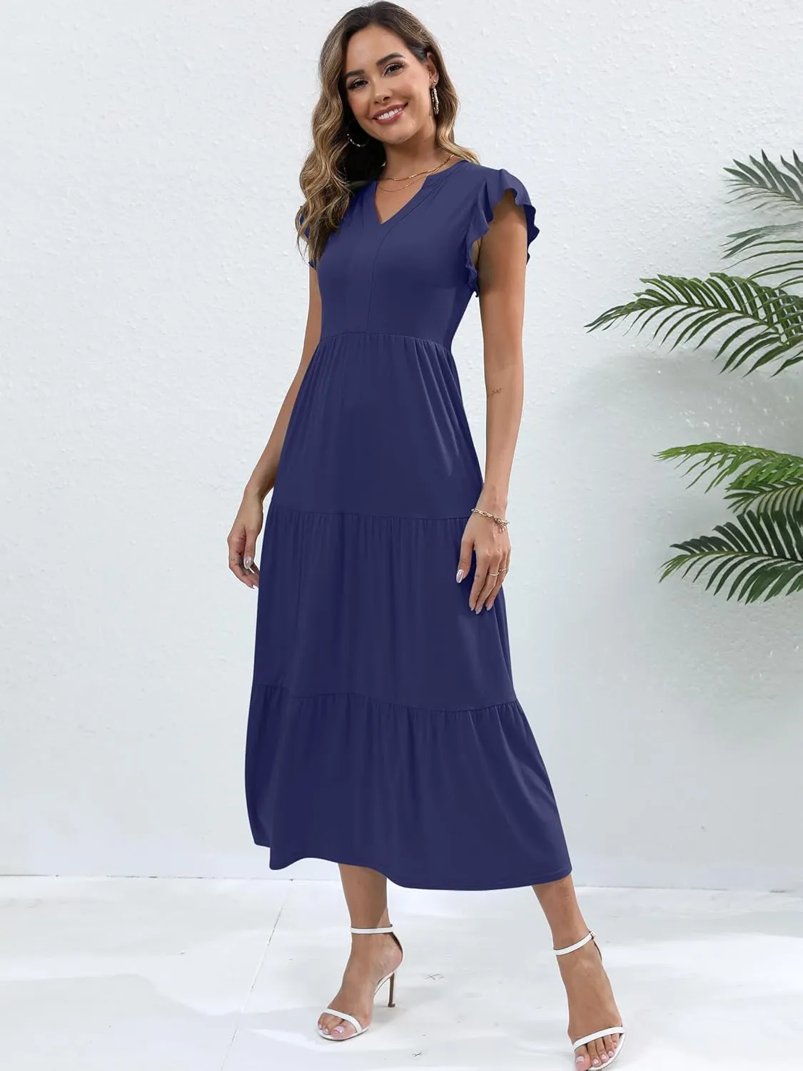 Womens Summer Casual Maxi Dress V Neck Ruffle Sleeve Sundress Fashion Flowy Tiered Boho Beach Vacation Long Dresses