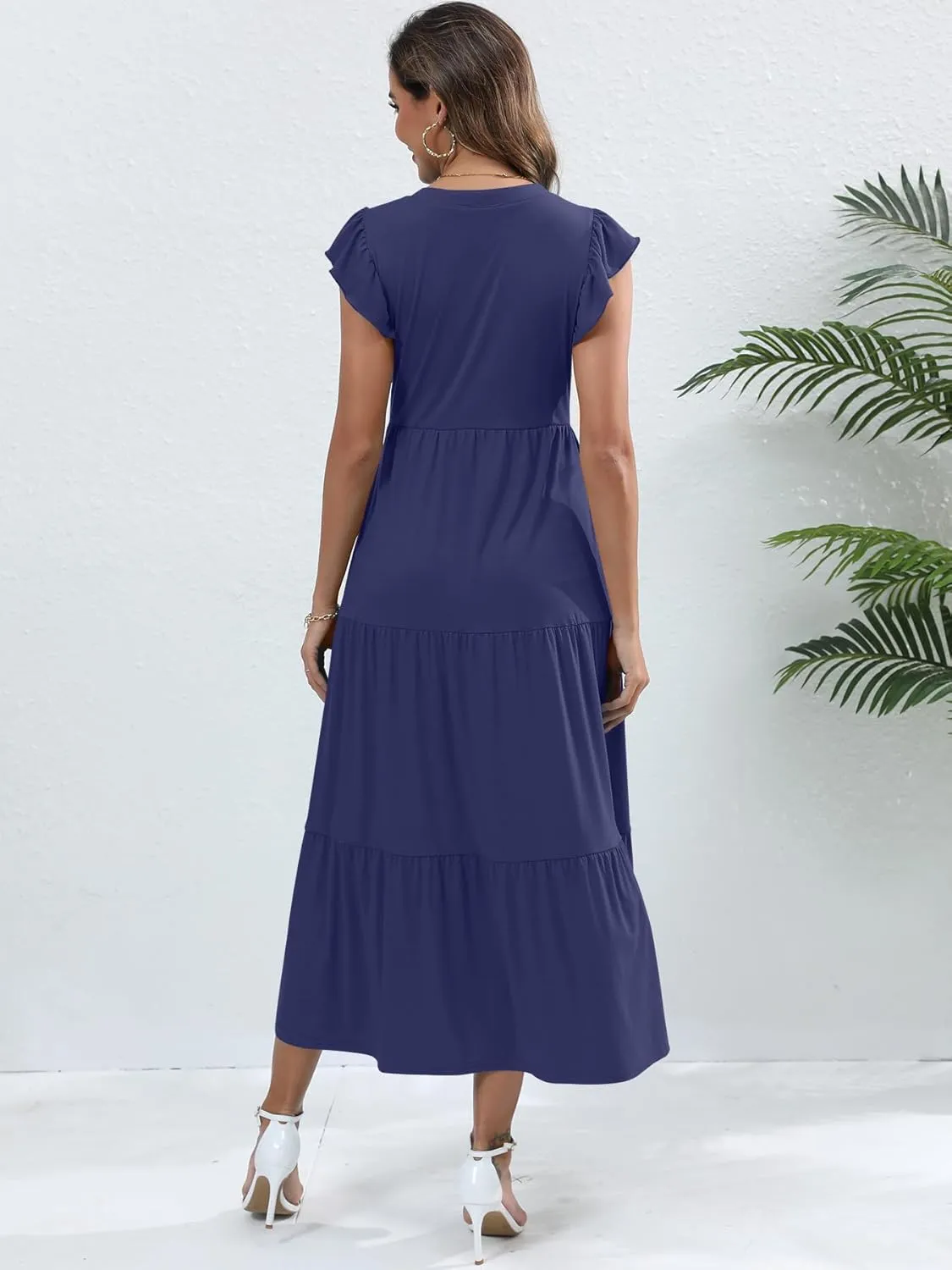 Womens Summer Casual Maxi Dress V Neck Ruffle Sleeve Sundress Fashion Flowy Tiered Boho Beach Vacation Long Dresses