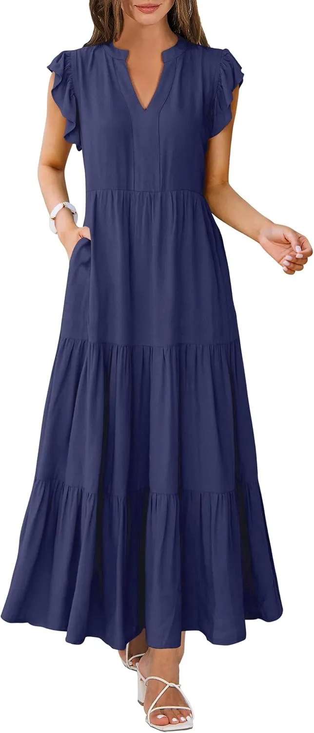 Womens Summer Casual Maxi Dress V Neck Ruffle Sleeve Sundress Fashion Flowy Tiered Boho Beach Vacation Long Dresses