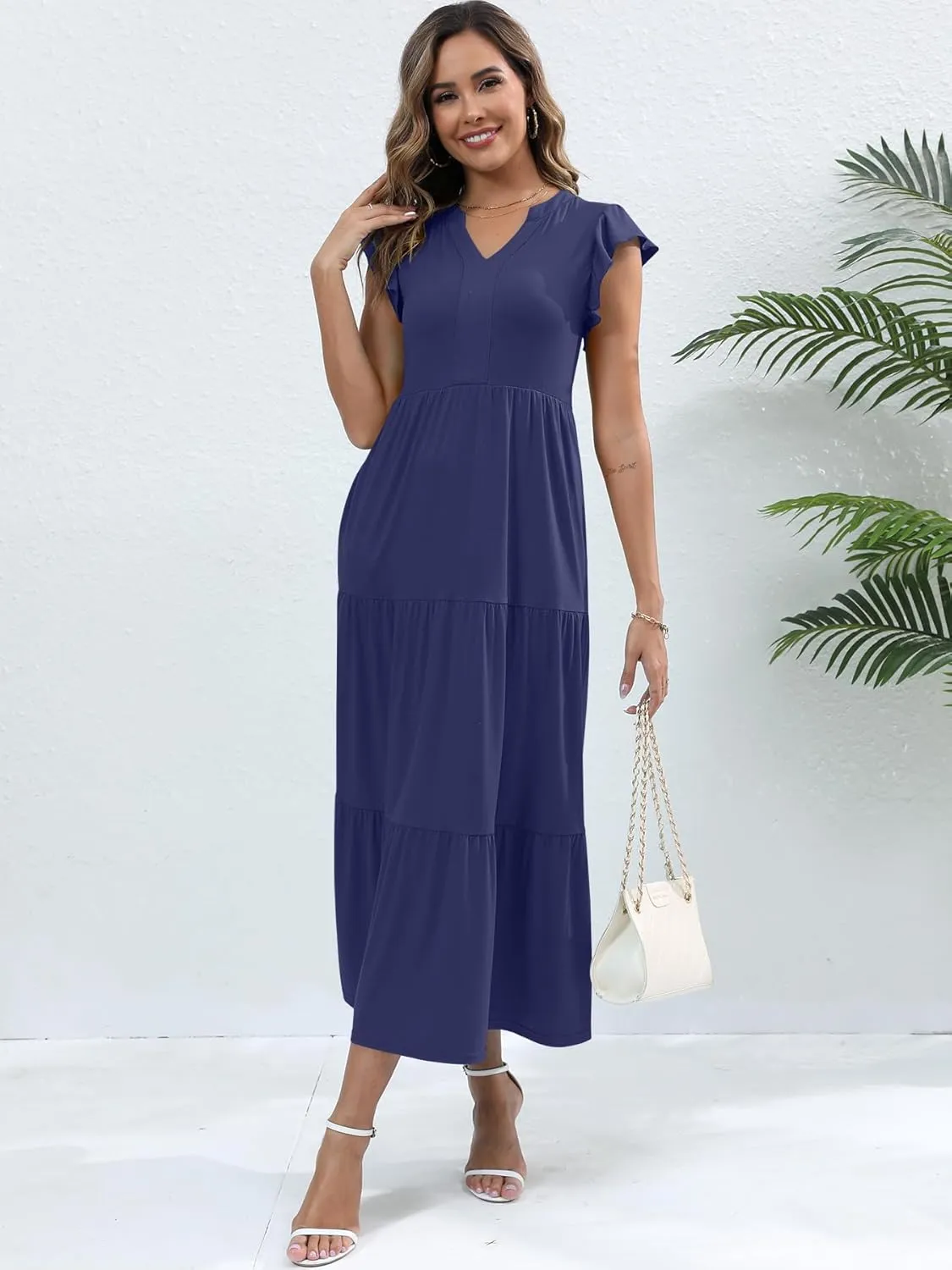 Womens Summer Casual Maxi Dress V Neck Ruffle Sleeve Sundress Fashion Flowy Tiered Boho Beach Vacation Long Dresses