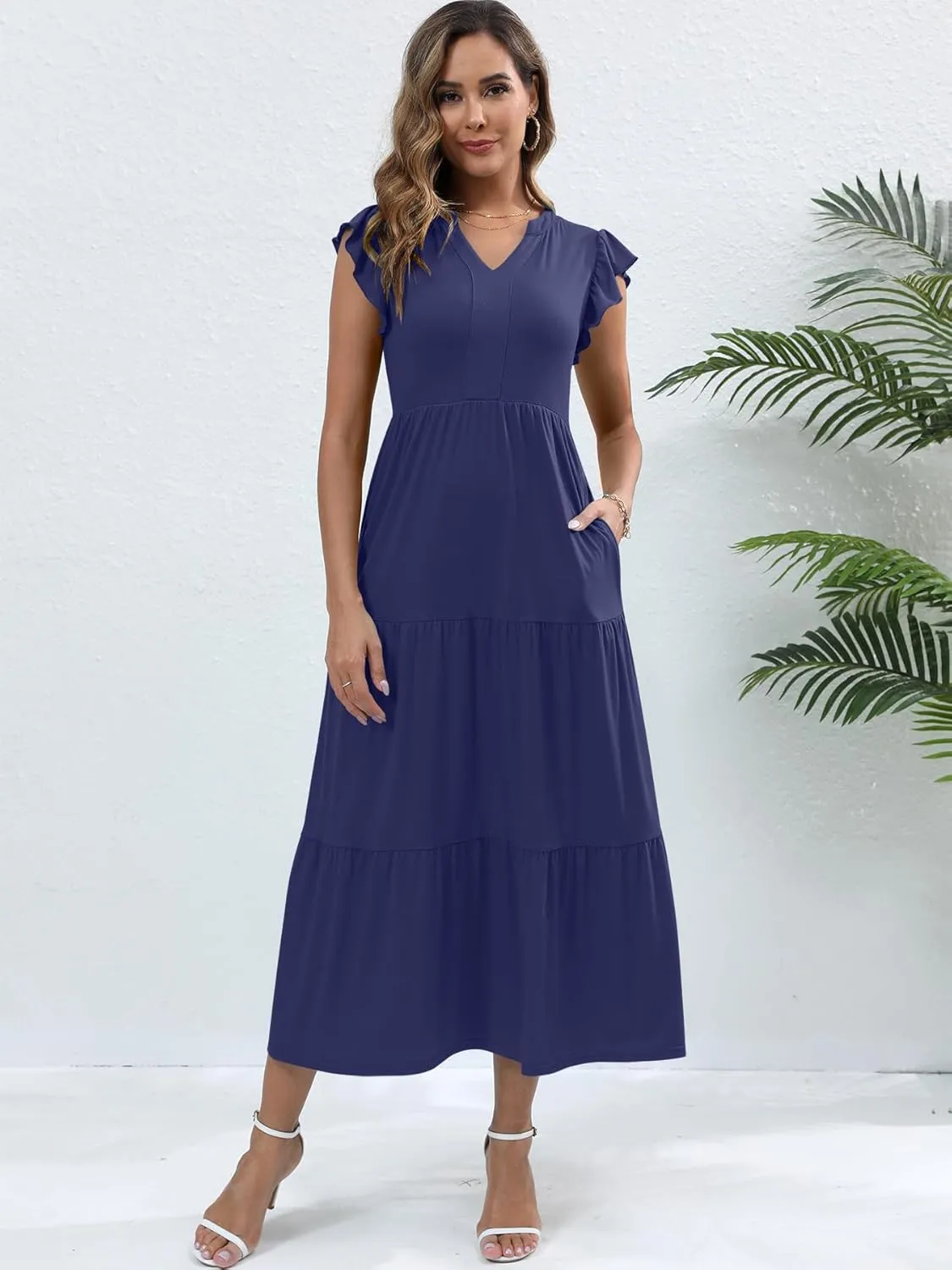Womens Summer Casual Maxi Dress V Neck Ruffle Sleeve Sundress Fashion Flowy Tiered Boho Beach Vacation Long Dresses