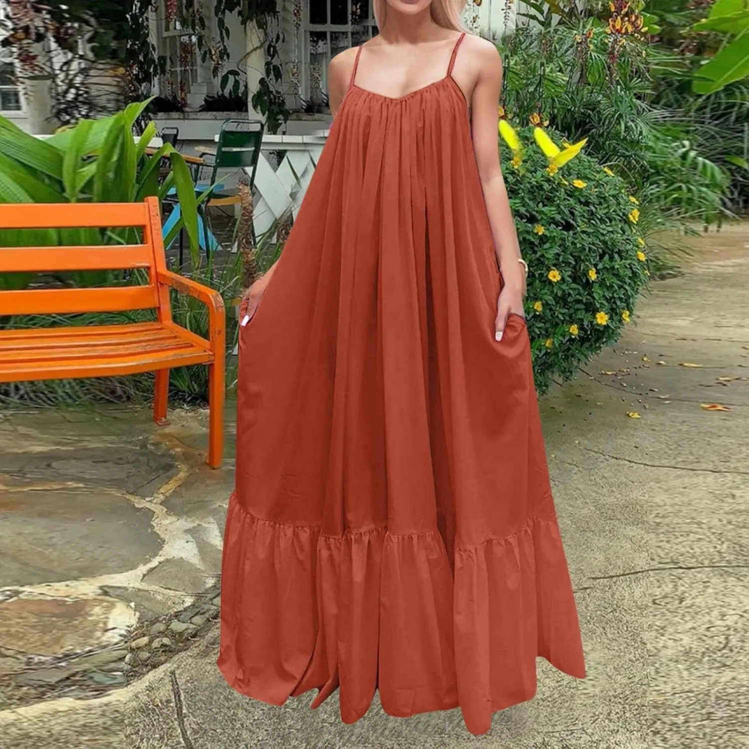 Women's Summer Casual Sleeveless Strappy Backless Maxi Dress Pleated Tiered Flowy Beach Vacation Long Dresses Sundress