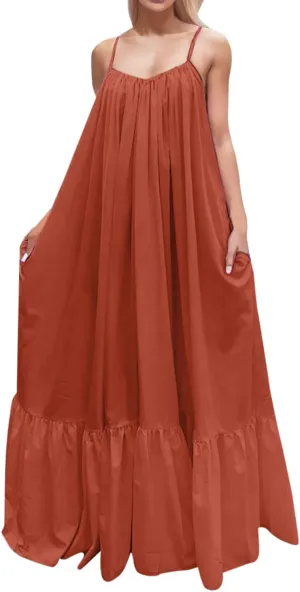Women's Summer Casual Sleeveless Strappy Backless Maxi Dress Pleated Tiered Flowy Beach Vacation Long Dresses Sundress