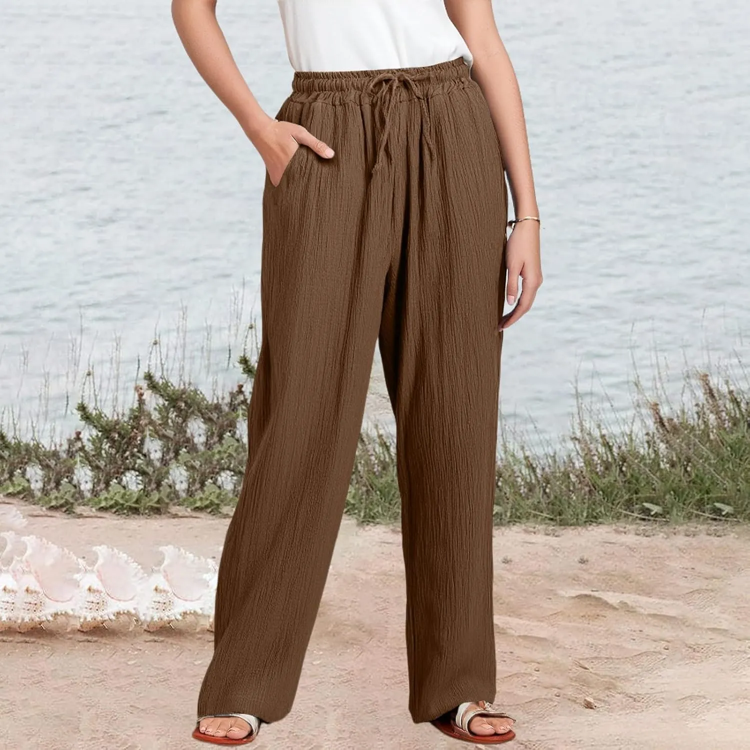 Women's Summer Cotton Linen Drawstring Straight Leg Palazzo Pants High Waist Beach Flowy Trouser Pant with Pocket