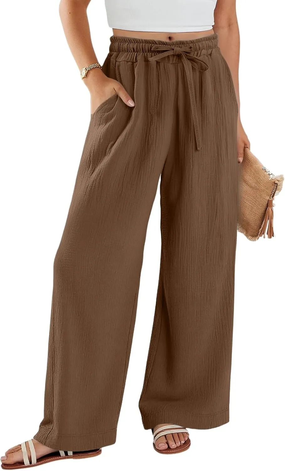 Women's Summer Cotton Linen Drawstring Straight Leg Palazzo Pants High Waist Beach Flowy Trouser Pant with Pocket