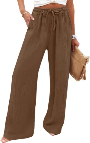 Women's Summer Cotton Linen Drawstring Straight Leg Palazzo Pants High Waist Beach Flowy Trouser Pant with Pocket