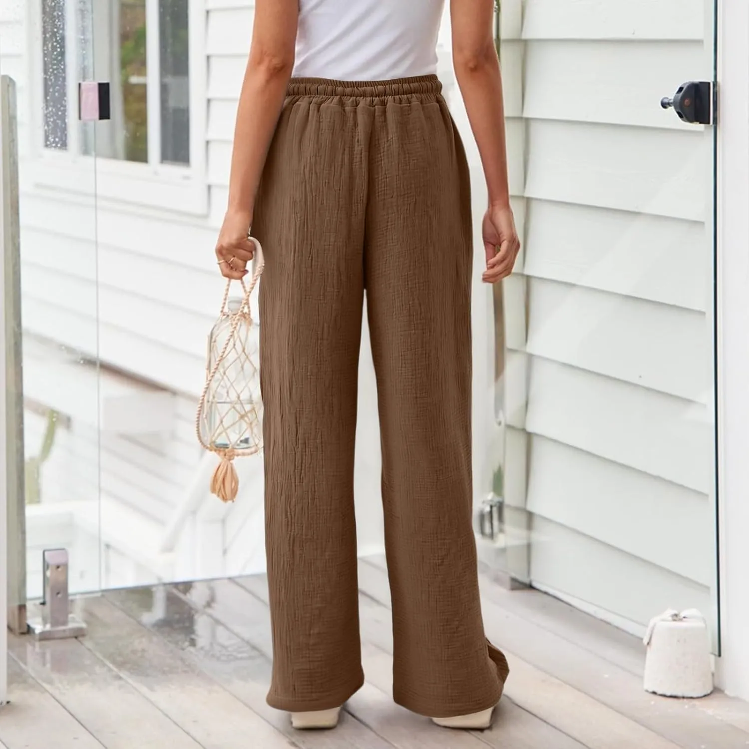 Women's Summer Cotton Linen Drawstring Straight Leg Palazzo Pants High Waist Beach Flowy Trouser Pant with Pocket