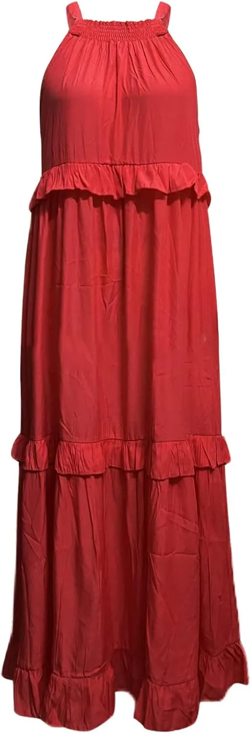 Womens Summer Cotton Sexy Backless Long Dresses Women Dresses Spaghetti Strap Scoop Neck Smocked Ruffle Flowy Boho Maxi Dress